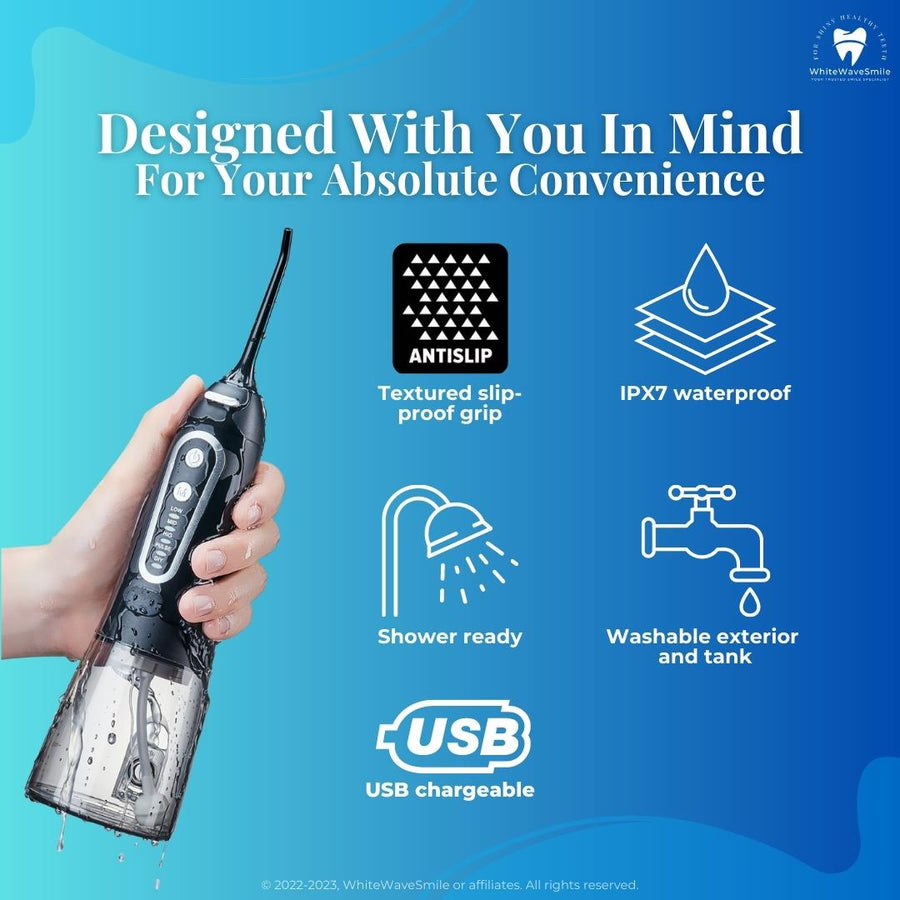 Best rechargeable advanced cordless water flosser. Slip proof grip, IPX7 waterproof, washable, USB rechargeable battery. Best value for your money. Aqua Jet Refresh from WhiteWaveSmile