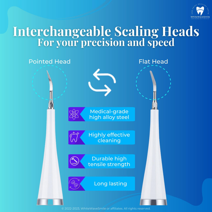 Best home electric dental scaler includes two pointed and flat scaling heads for best tartar removal. Made from high grade medical steel alloy. Remove tartar at home easily with Oral Refresh from WhiteWaveSmile.