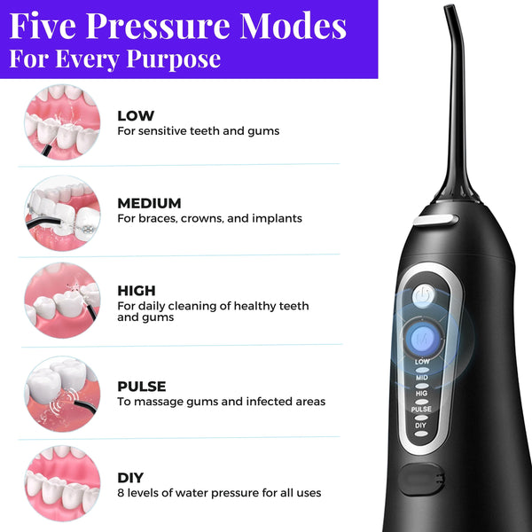 Best water flosser has five pressure modes. Includes DIY mode with 8 levels of water pressure. Aqua Jet Refresh cordless advanced water flosser from WhiteWaveSmile