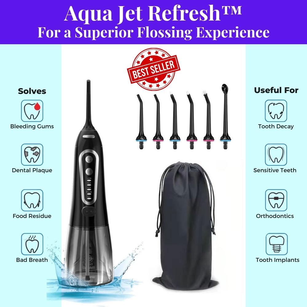 Best cordless advanced water flosser - black color. Helps remove dental plaque and food residue, reduce bleeding gums and bad breath, prevent tooth decay, help sensitive teeth, suitable for orthodontics and tooth implants. Includes six nozzles and carry bag. For a superior water flossing experience. Aqua Jet Refresh from WhiteWaveSmile