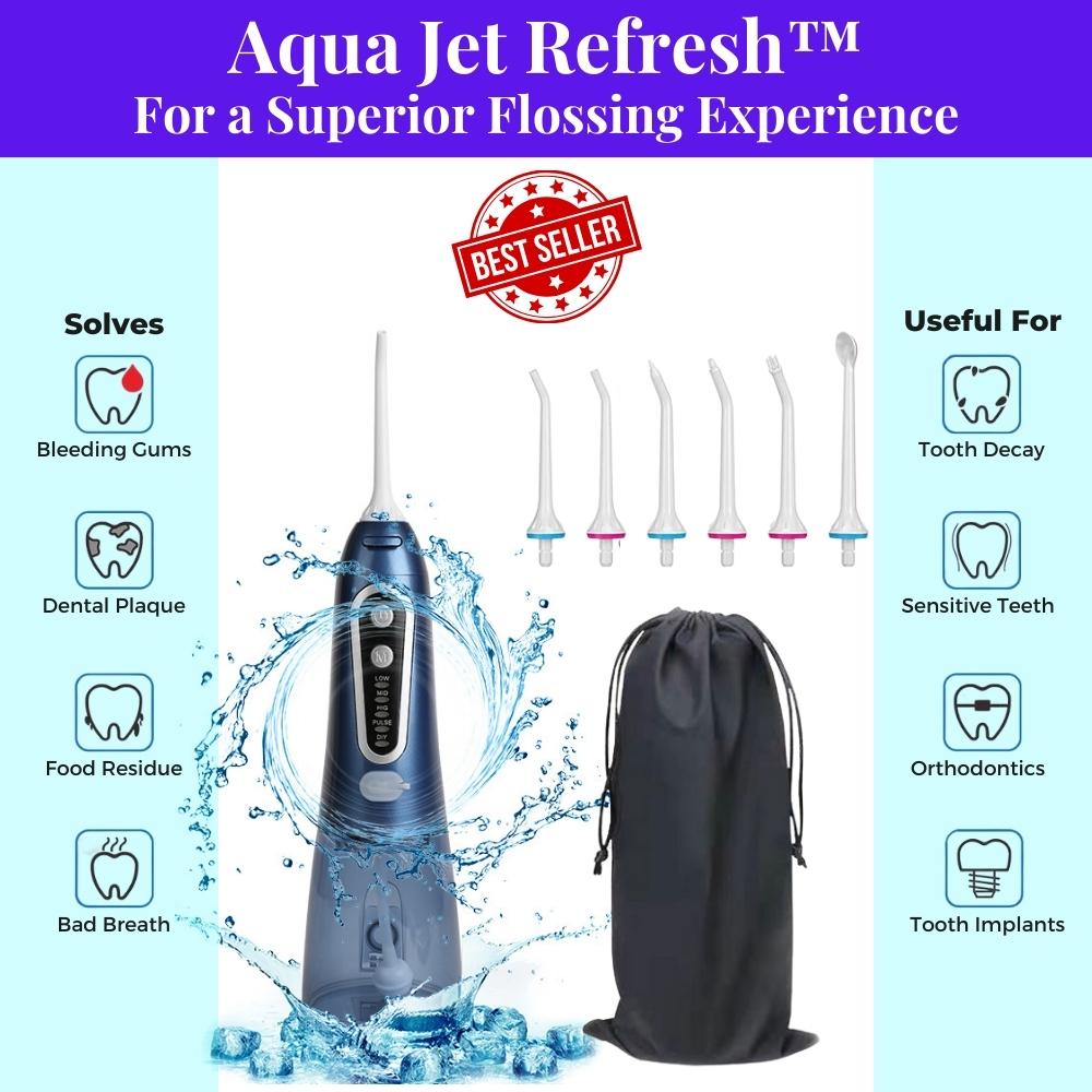 Best cordless advanced water flosser - blue color. Helps remove dental plaque and food residue, reduce bleeding gums and bad breath, prevent tooth decay, help sensitive teeth, suitable for orthodontics and tooth implants. Includes six nozzles and carry bag. For a superior water flossing experience. Aqua Jet Refresh from WhiteWaveSmile