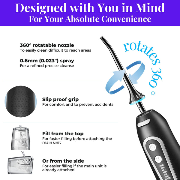 Best cordless advanced rechargeable water flosser  - convenient easy-to-use design. Slip proof grip, rotating nozzles, screw on tank. Aqua Jet Refresh cordless advanced water flosser from WhiteWaveSmile