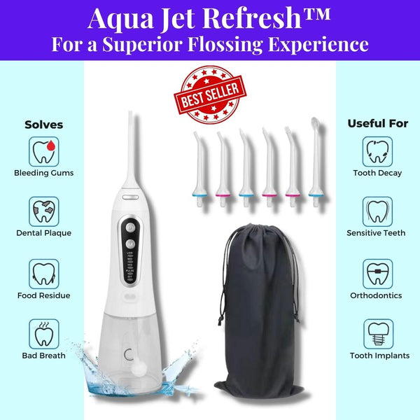 Best cordless advanced water flosser - white color. Helps remove dental plaque and food residue, reduce bleeding gums and bad breath, prevent tooth decay, help sensitive teeth, suitable for orthodontics and tooth implants. Includes six nozzles and carry bag. For a superior water flossing experience. Aqua Jet Refresh from WhiteWaveSmile