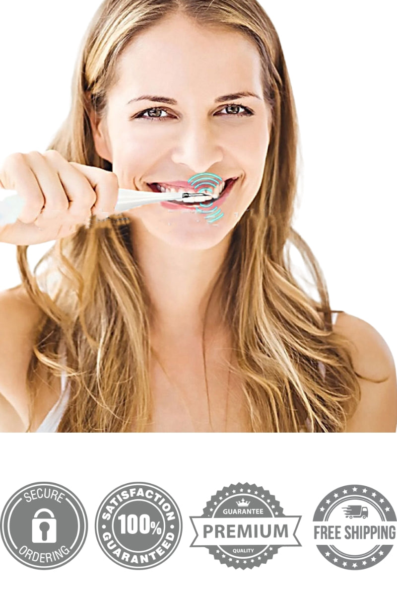  Mobile banner for WhiteWaveSmile's must have world leading home dental products. Shows woman smiling and using Oral Refresh dental scaler that removes plaque safely and cheaply at home.