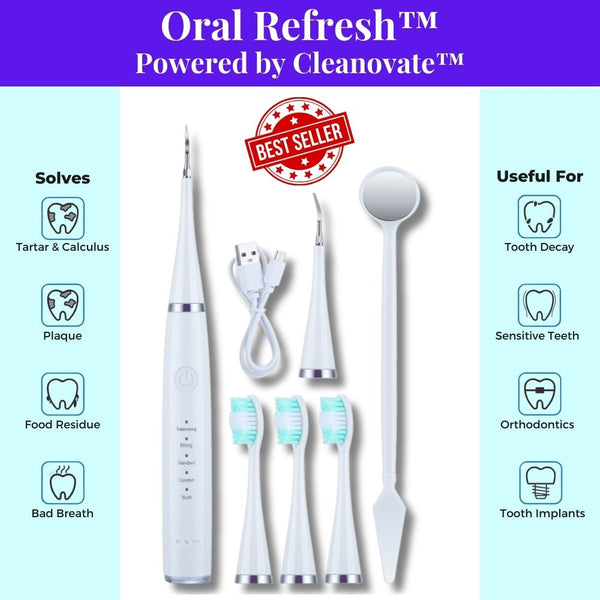 The bestselling advanced electric two in one dental scaler and toothbrush - white color. Shows the unit with power button, mode button, and five speed modes. Also shows one pointed scaling tip, one flat scaling tip, three replacement toothbrush heads, USB cable, and dental mirror. Oral Refresh from WhiteWaveSmile