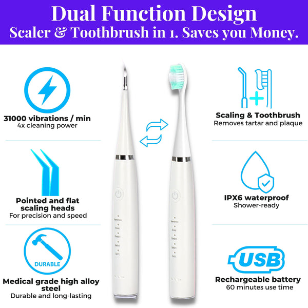 Best electric dental scaler benefits - 31000 vibrations per minute. Pointed and flat scaling heads. Made from medical grade steel alloy. Includes toothbrush function that removes tartar and plaque. IPX6 waterproof. USB rechargeable. Oral Refresh from WhiteWaveSmile.