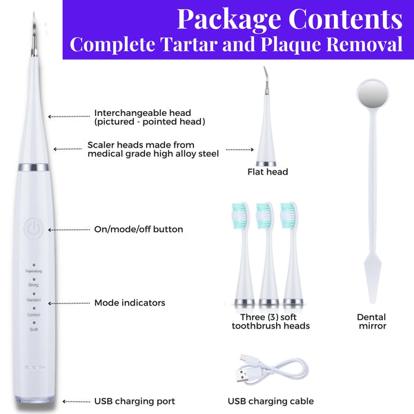 Best electric dental scaler package contents. Main unit, 2 scaling heads, 3 toothbrush heads, USB charging cable, and dental mirror. Oral Refresh from WhiteWaveSmile.