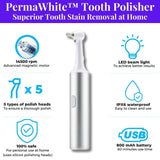 Best electric tooth polisher for safe home use includes advanced low friction magnetic motor, five polishing heads, LED beam light, IPX6 waterproof, USB rechargeable battery. PermaWhite superior home electric tooth polisher from WhiteWaveSmile