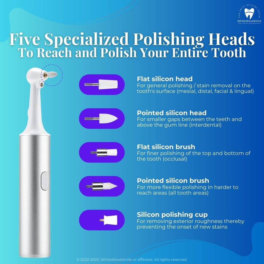Best electric tooth polisher includes five silicon polishing heads to remove all types of tooth stains. PermaWhite from WhiteWaveSmile
