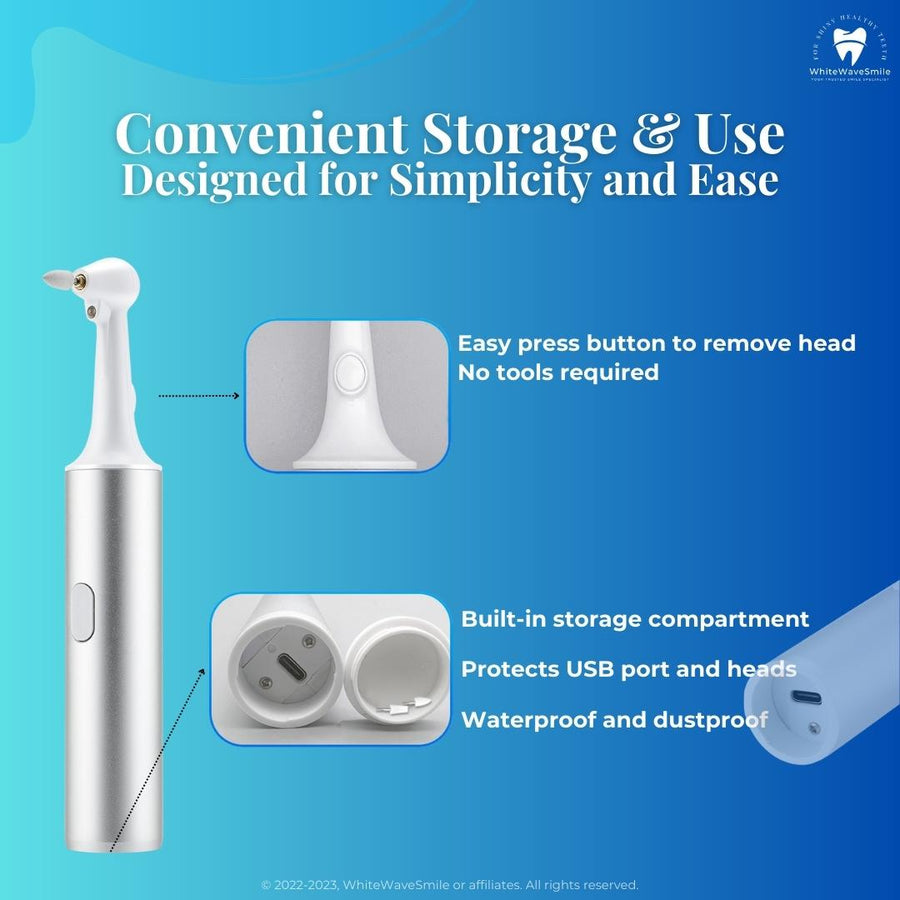 Best electric tooth polisher includes built in storage compartment, easy to change polishing heads, waterproof and dustproof. PermaWhite from WhiteWaveSmile