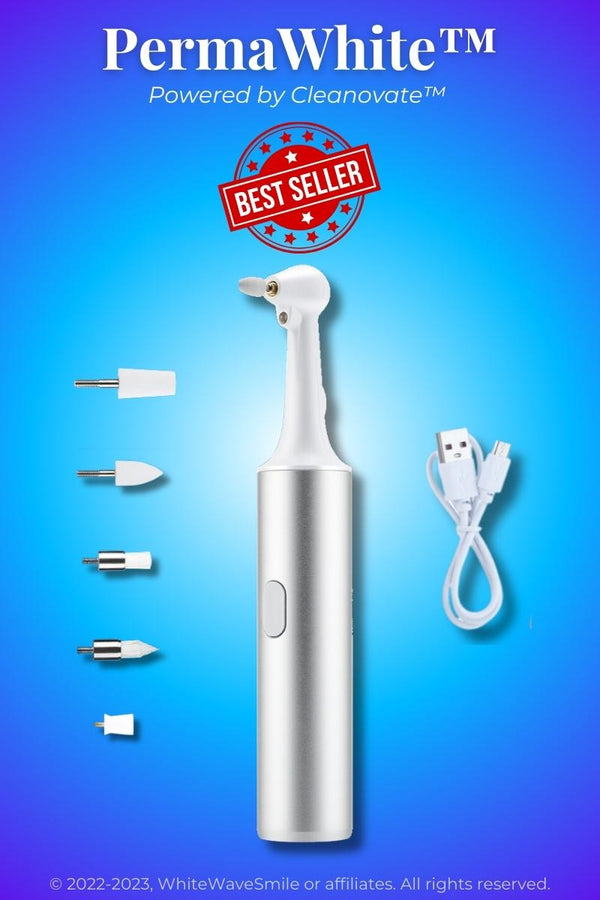 Best electric tooth polisher for home use - product photo. Shows main unit, 5 different polishing heads, USB cable. Removes tooth stains safely and effectively at home. Oral Refresh from WhiteWaveSmile 