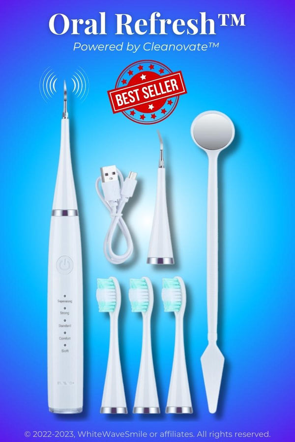 Best bestselling electric dental scaler and toothbrush for home use - product photo. Shows main unit, 2 polishing heads, 3 toothbrush heads, USB cable, dental mirror. Remove tartar quickly and safely for less money. Oral Refresh from WhiteWaveSmile 